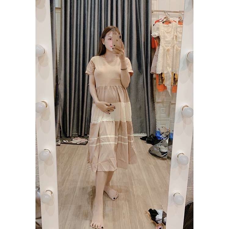 Đầm bầu 3 tầng phối viền trắng Váy bầu đuôi cá ngắn tay freesize