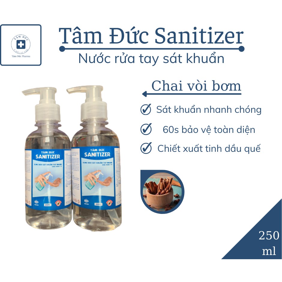 Nước rửa tay khô diệt khuẩn Tâm Đức Sanitizer dạng gel chiết xuất tinh dầu quế chai 250ml | BigBuy360 - bigbuy360.vn