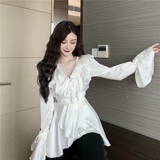 Áo satin vạt chéo bèo cổ
