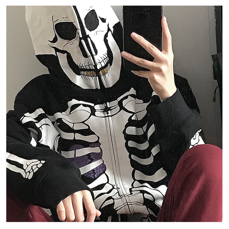 Áo hoodies có nón dài tay in hình đầu lâu 3D thời trang