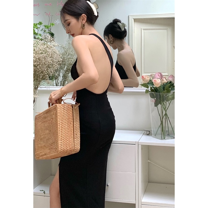 QADCOL  Đầm Hở Lưng Xẻ Tà Phong Cách Retro Thời Trang Hàn Quốc Cho Nữ