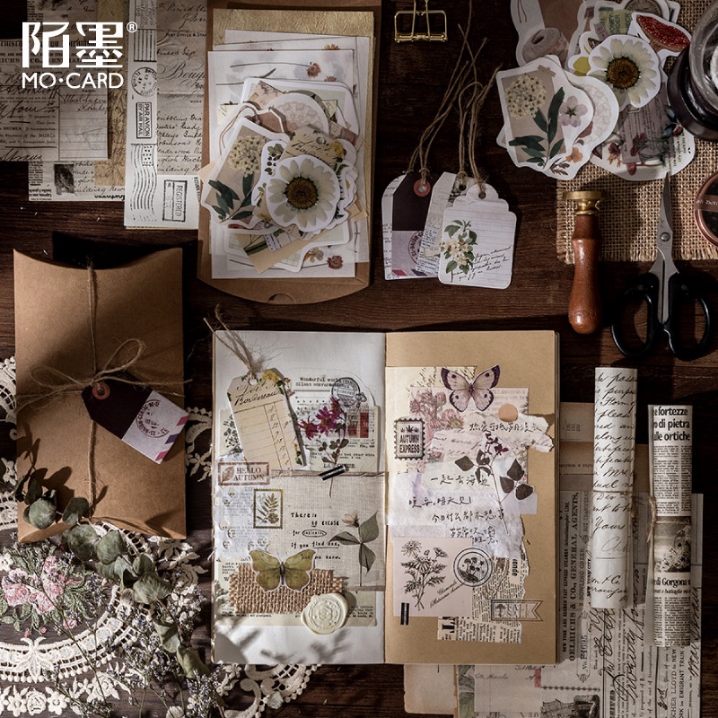 Set 30 nhãn dán hình hoa và bướm trang trí sổ tay/đồ thủ công phong cách retro
