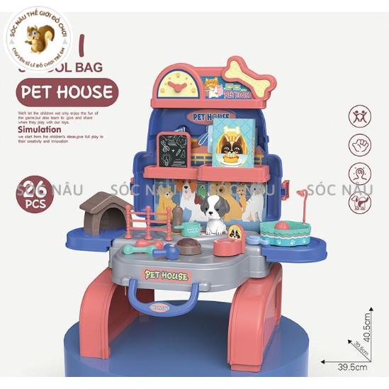 Đồ chơi Chăm sóc thú cưng Pet House kèm vali 3 in 1 đựng đồ cho bé dễ dàng mang đi chơi Sóc nâu