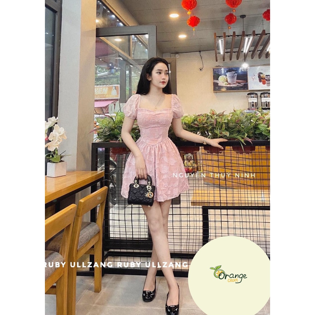 Đầm babydoll tiểu thư cổ vuông dáng xòe chất von hoa nổi dễ thương có size đầm kiểu xòe công chúa Orange Closet D1146