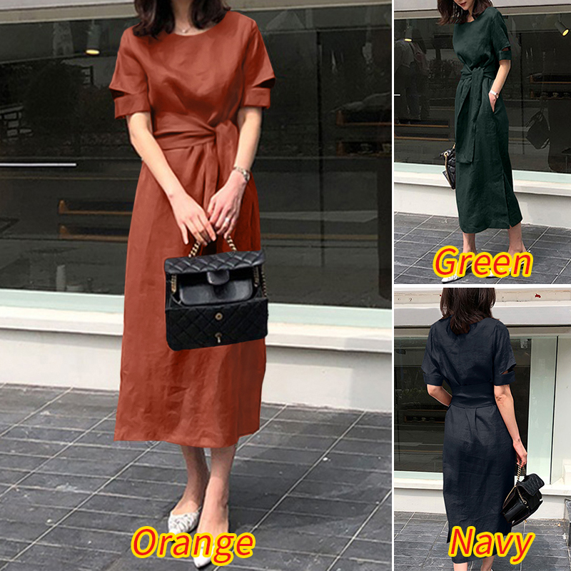 Đầm ZANZEA Cổ Tròn Tay Ngắn Cotton Trơn Cột Dây Xẻ Tà