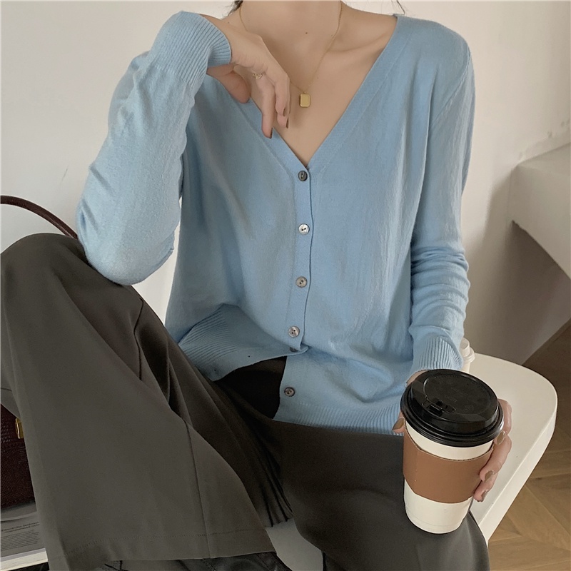 SUXI Áo Cardigan Dệt Kim Tay Dài Dáng Rộng Cổ Chữ V Màu Sắc Đơn Giản Thời Trang Mùa Thu Cho Nữ