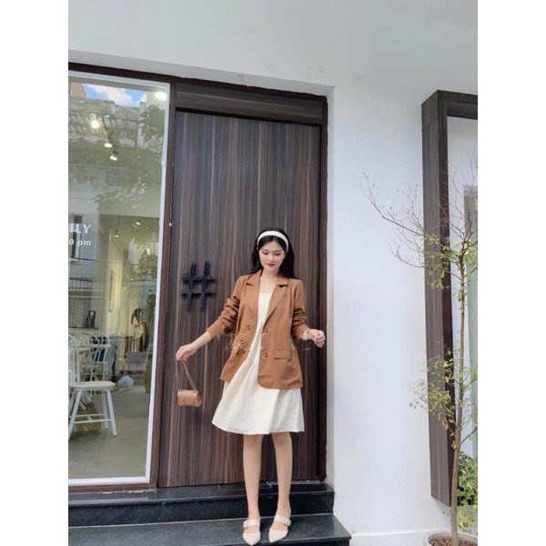 Set combo váy hai dây suông be vintage kèm áo khoác vest blazer siêu xinh, Set vest nữ rẻ đẹp thích hợp đi dạo đi chơi