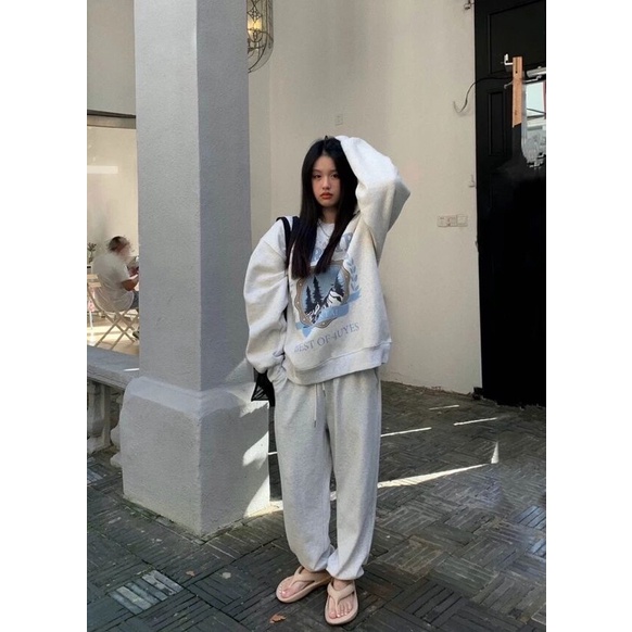 Đồ bộ nữ, Set đồ dài tay màu xám chất nỉ mùa đông phong cách Hàn Quốc Ulzzang dành cho nữ dáng unisex thể thao cá tính