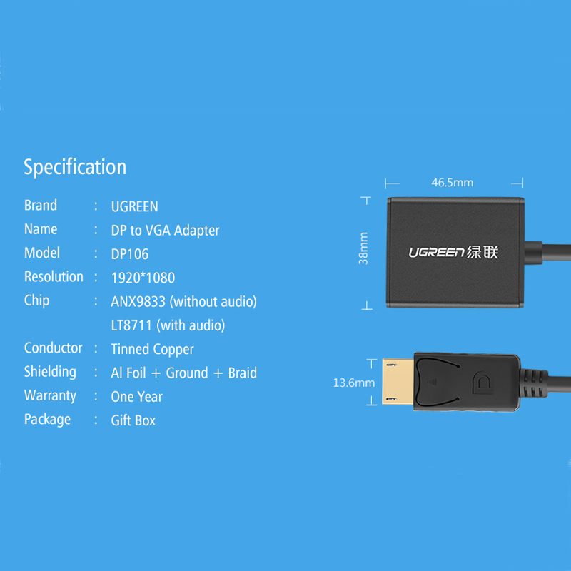 Ugreen Cáp Chuyển Đổi Từ Cổng Displayport Sang Vga Dp 1080p Cho Máy Chiếu / Tv / Macbook