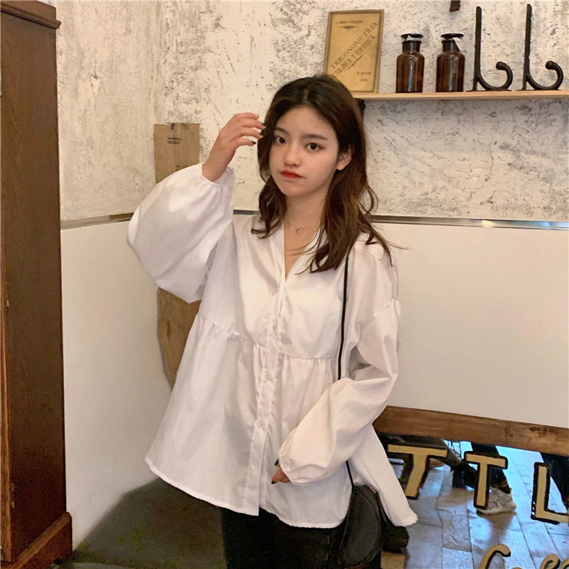 Spring 2021 New Korean Style, Simple and Versatile, Bubble Sleeve Shirt, Long Sleeve Shirt, Girl Student Loose Shirt[delivery Within 5 Days]