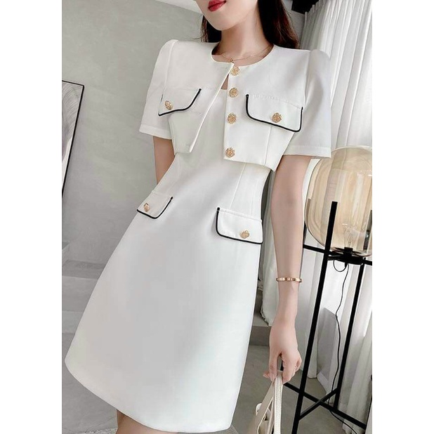 Đầm nữ thời trang mặc đi chơi chất cotton lạnh hai dây phối túi giả kèm khoác cổ tròn tay ngắn cá tính