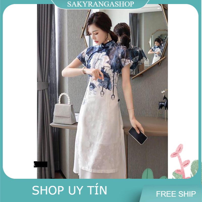 HÀNG NHẬP - ĐẦM VOAN 2 LỚP GIẢ ÁO DÀI IN HOA CỔ TÀU