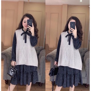 Set len gile váy đuôi cá cổ nơ