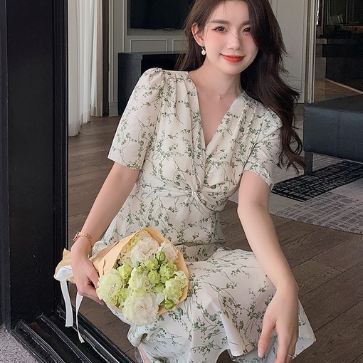 Đầm Hoa Ngắn Tay Cổ Chữ V Thanh Lịch Cho Nữ