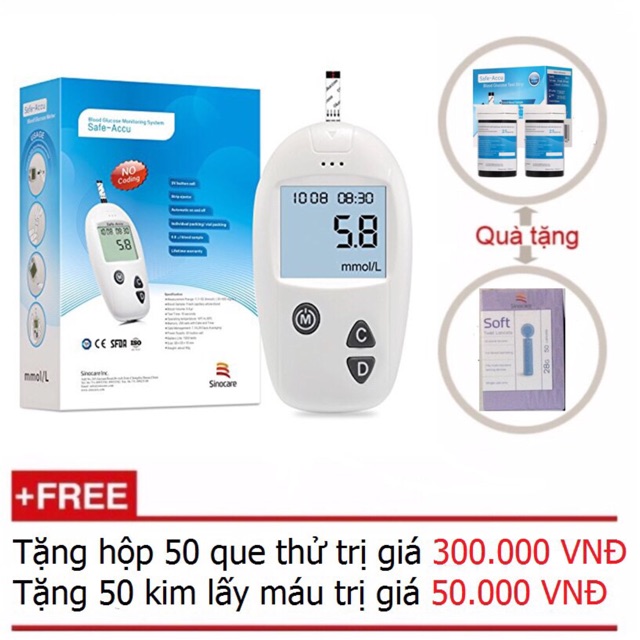 Máy Đo Đường Huyết, Tiểu Đường SINO CARE CHÍNH HÃNG ĐỨC Tặng HỘP 50 Que Thử Và 50 Kim
