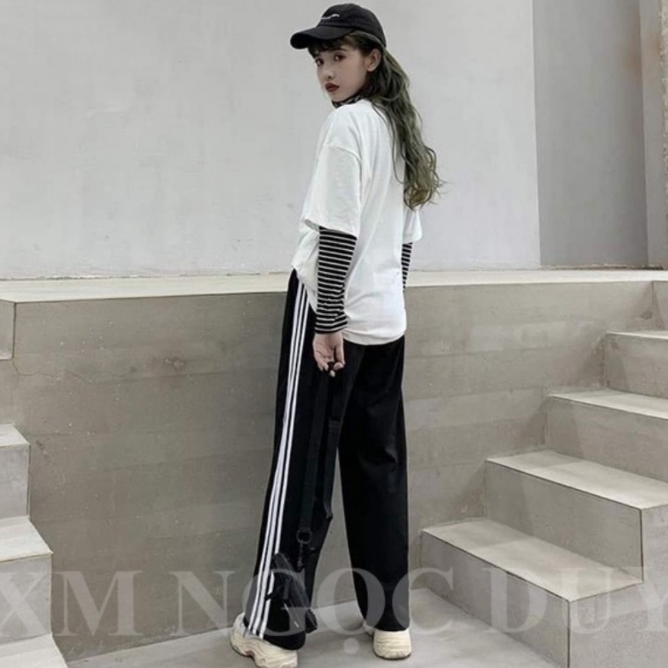 Quần thể thao nữ vải  đen 3 sọc trắng quần jogger Thời Trang Co Dãn 4 Chiều Đai chun Quần ống suông mặc đi học học sin