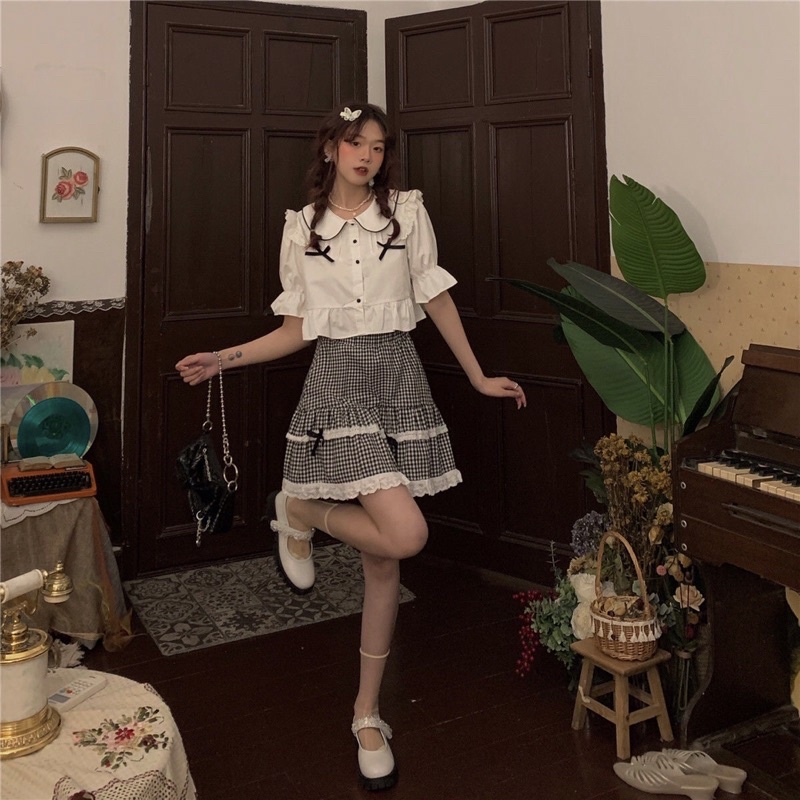 Áo sơ mi dáng croptop tay ngắn bồng phong cách Hàn Quốc mã QD066