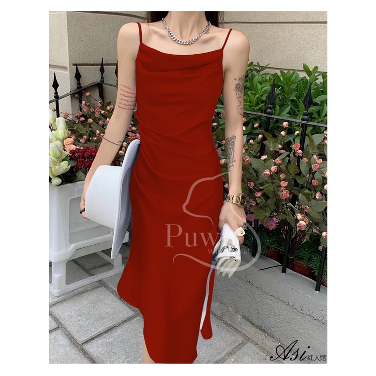 Váy lụa hai dây vạt chéo xếp li eo dự tiệc, prom quyến rũ, bí ẩn, sexy Puwn Shop
