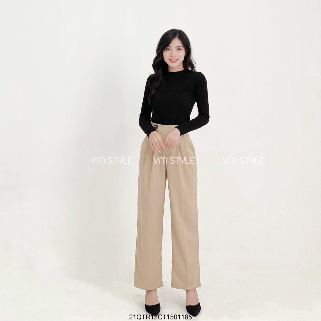 Quần tây VM STYLE ống rộng chít li gài đai chéo thêu mạc thời trang nữ ulzzang Hàn Quốc 21QTR12CT1501