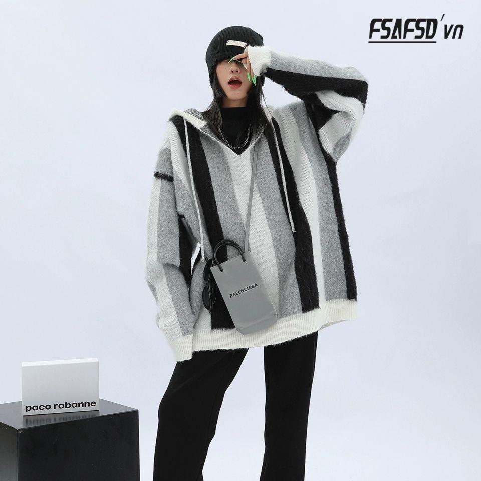 Áo Khoác Sweater Có Mũ Trùm Dáng Rộng Kẻ Sọc Thời Trang Thu Đông 2022 Mới Cho Nữ
