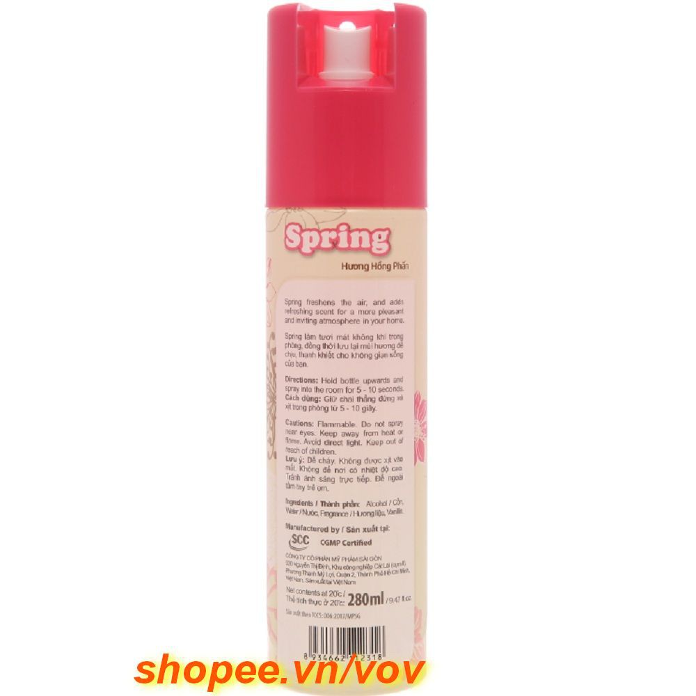Xịt Phòng 280ml Spring Hương Hồng Phấn, vov Cam Kết Chỉ Cung Cấp Hàng Chính Hãng.