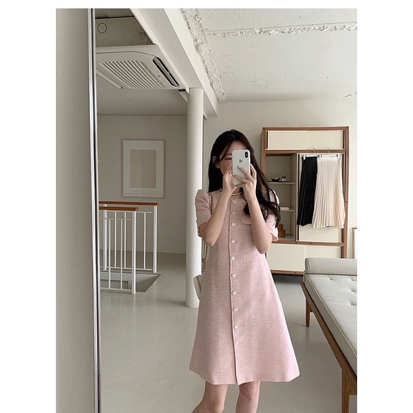 Váy dạ tweed chữ A ngắn tay cổ tròn khuy ngọc giành cho nữ