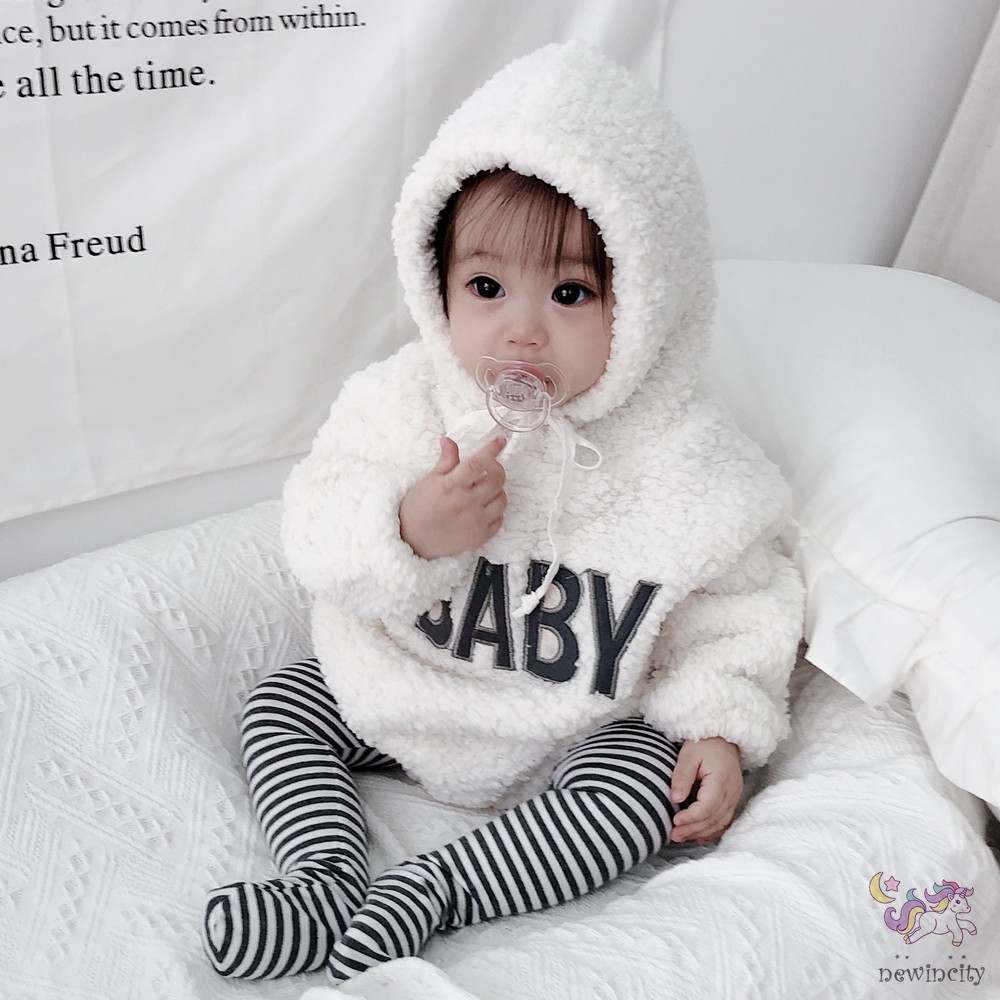 Bộ áo liền quần lông nhung phối mũ trùm phong cách Hàn Quốc đáng yêu cho bé gái sơ sinh