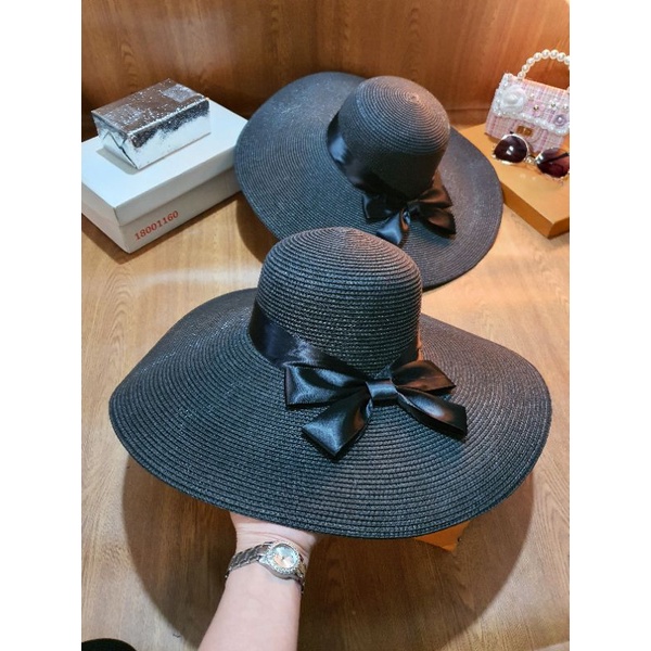 Mũ cói đi biển vành rộng dây nơ vintage gắn chữ sang chảnh