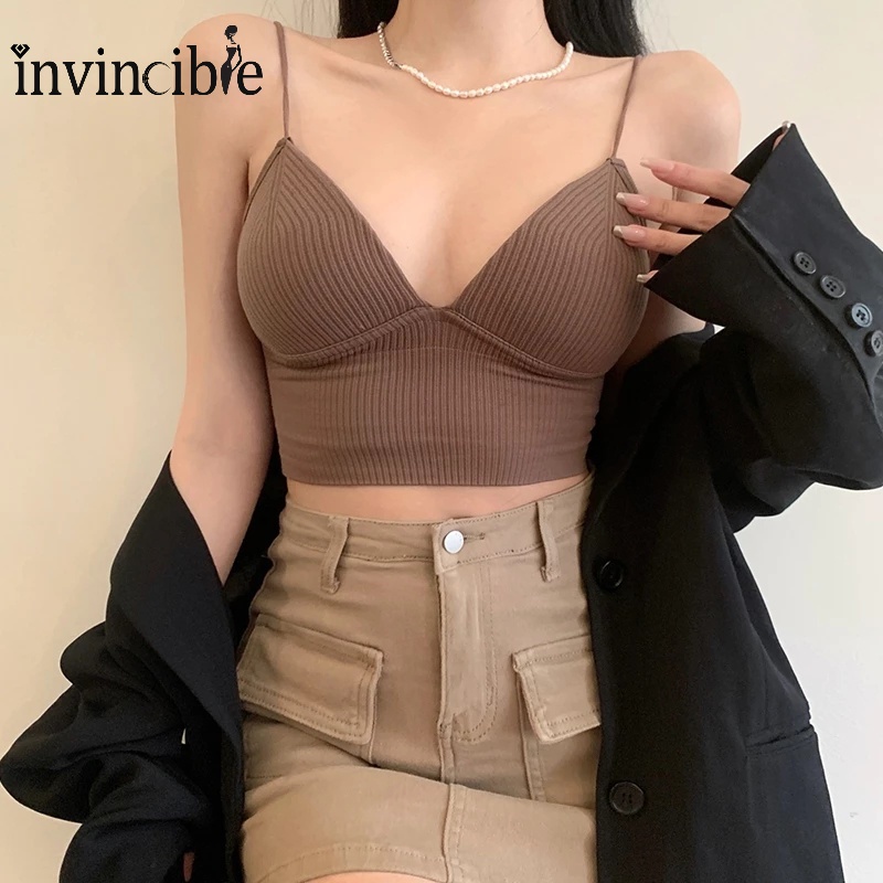 Áo Crop Top Hai Dây Có Mút Đệm Ngực Mềm Cổ Chữ V Tháo Rời Được Thời Trang Mùa Hè Quyến Rũ Cho Nữ
