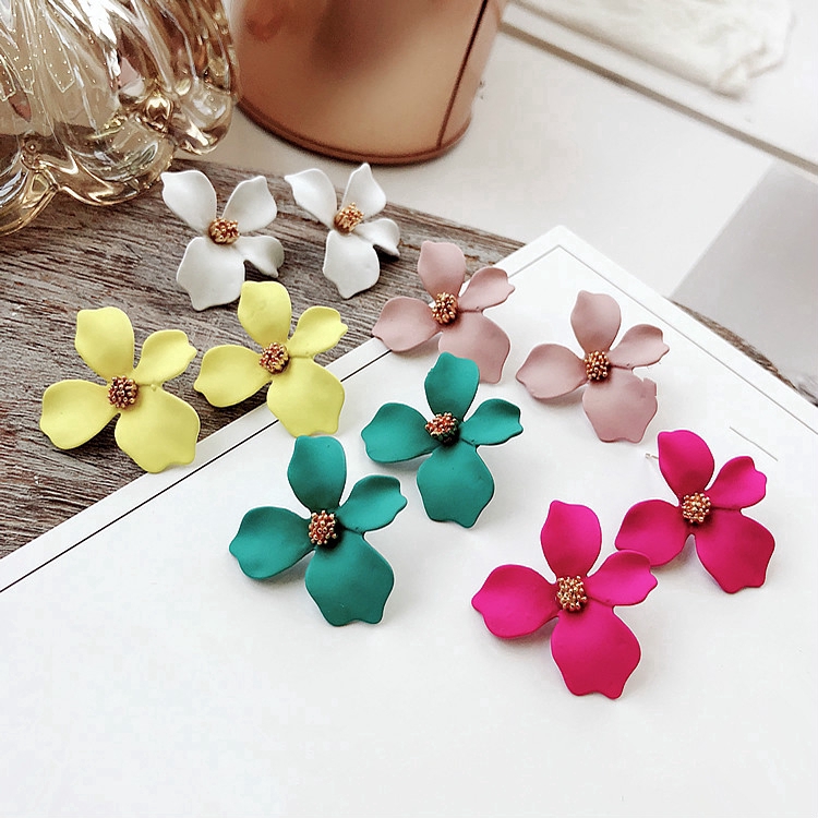 Sweet Painting Flower Earrings/ Colorful Petal Geometric Stud Earrings/ Temperament Four-petal Stereo Flower Ear Studs
