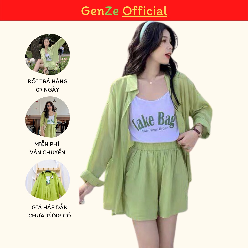 Set 3 Món Áo Sơ Mi Dài Tay Mix Quần Sooc Ống Rộng Kèm Áo 2 Dây Trắng Take Bag Màu Xanh Cốm Freesize Genze.Official 1144