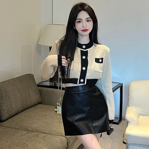 Bộ Áo Cardigan Dệt Kim Dáng Ngắn Phối Màu Tương Phản + Chân Váy pu Lưng Cao Thời Trang Hàn Quốc Cho Nữ
