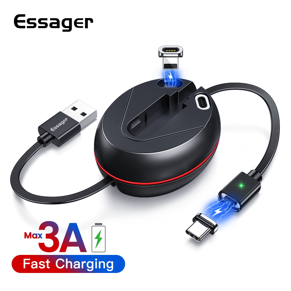 Cáp ESSAGER Sạc Nhanh Từ Tính Micro USB/ Type C/ Lightning Dạng Phẳng Có Thể Thu Vào Cho iPhone Android