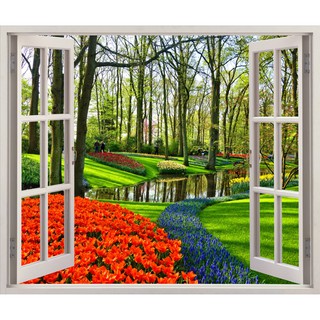Tranh dán tường Tranh cửa sổ 3D dán tường Vườn Hoa Tulip (kích thước lớn)