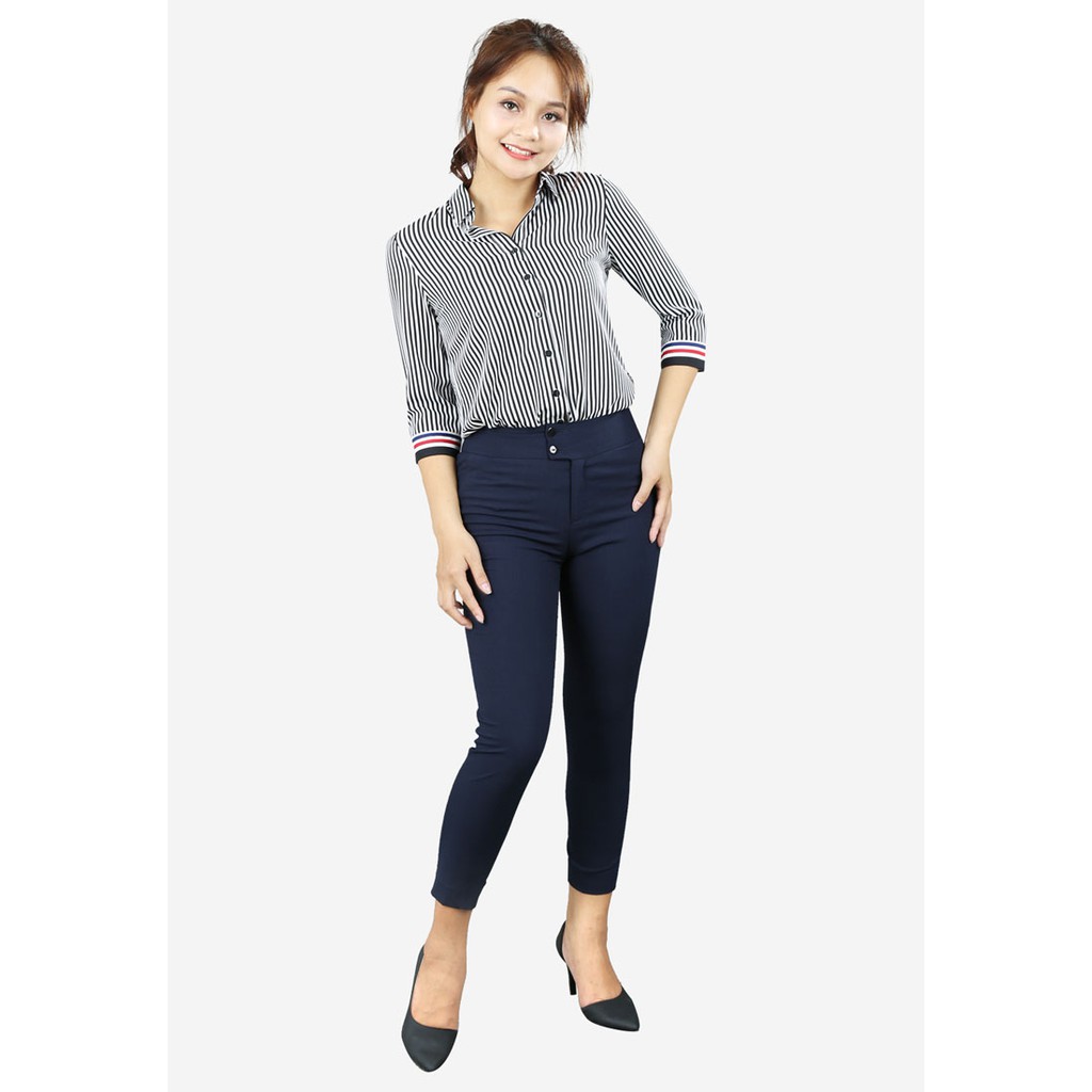Quần côn cộc ống nhỏ xước tím than cạp 6 cm 2 khuy túi chéo The One Fashion QL2201TT