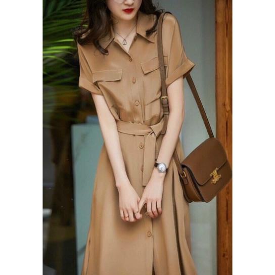 X2 Đầm mango công sở dáng dài cổ bẻ thắt dây eo váy sơ mi kem túi hộp