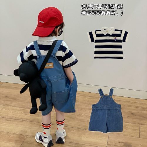 Bộ Trang Phục Hai Mảnh Áo Sơ Mi Tay Ngắn Và Quần Short Denim Họa Tiết Kẻ Sọc Thời Trang Mùa Hè Hàn Quốc Nhật Bản Dành Cho Bé Trai 2022