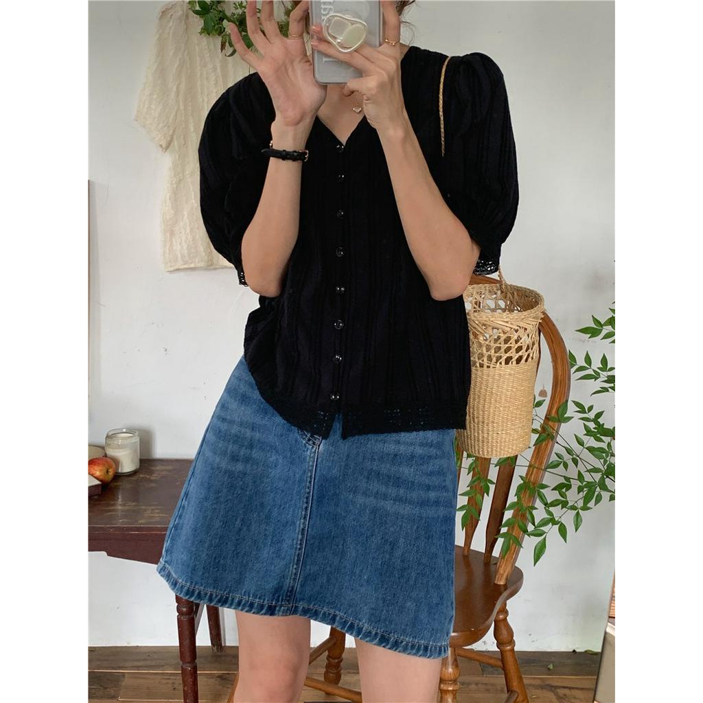 Áo Kiểu Tay Ngắn Cổ Chữ V Màu Trơn Phối Ren Phong Cách Hàn Quốc Có 2 Màu Sắc Lựa Chọn 53262