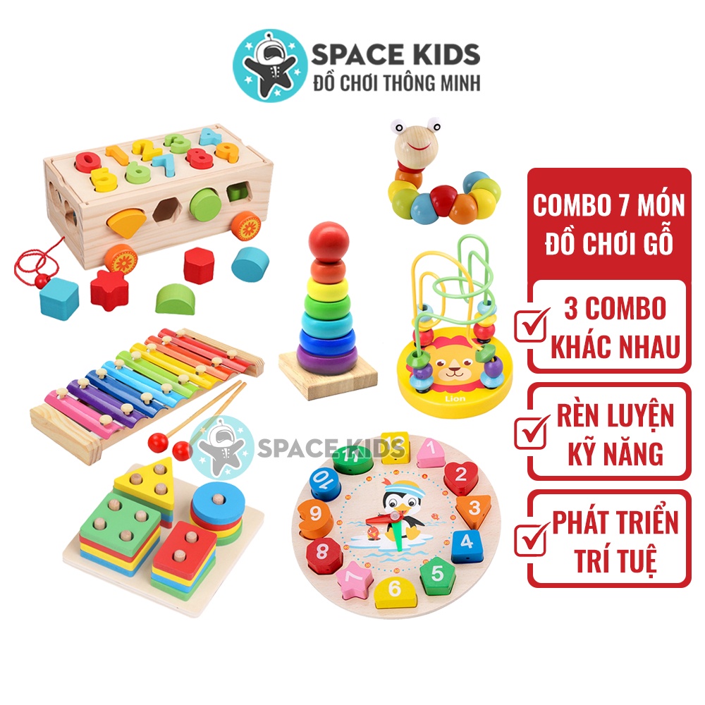 Đồ chơi gỗ Montessori cho bé Combo 7 món cho bé tư duy, phát triển trí tuệ vừa học vừa chơi Space Kids