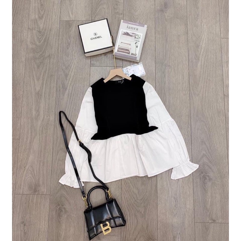 Áo babydoll nữ tay bồng phối gile đen cách điệu- Babyoll tiểu thư phong cách ulzzang hàn quốc