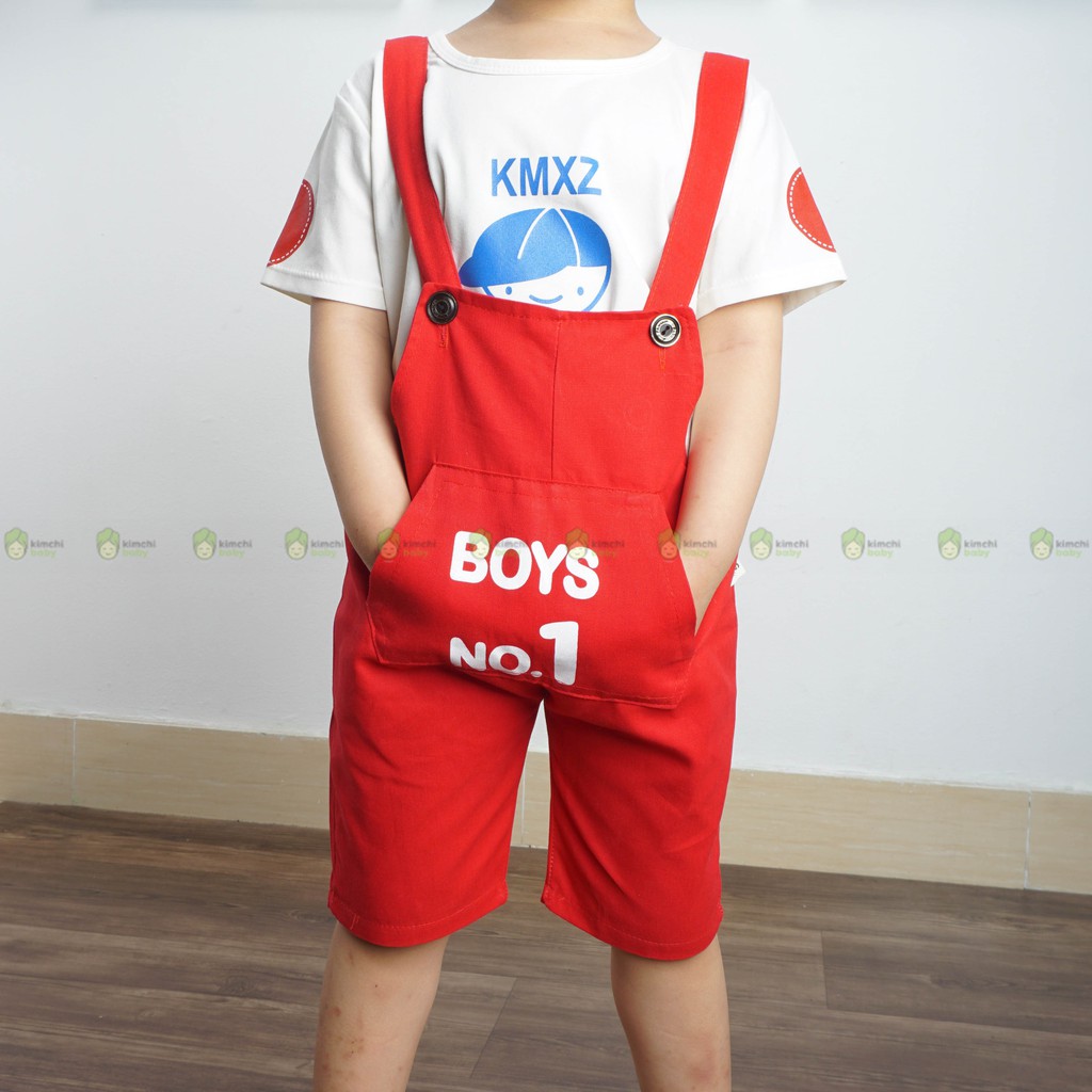 Yếm quần bé trai vải kaki kèm áo thun cotton Boys No.1, set bé trai quần yếm Kimchibaby BBT2101