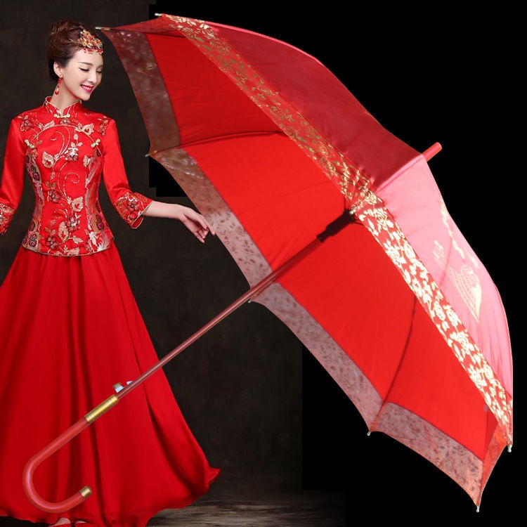 RTay cầm dài ô tự động lớn màu đỏ cô dâu thêu cao cấp dù cưới che nắng công chúa đám