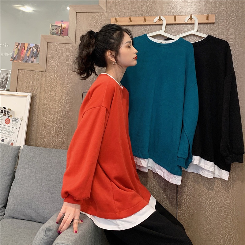 【ZHELIHANGFEI】Áo Thun Dài Tay Cổ Tròn Giả Hai Lớp Thời Trang Cá Tính