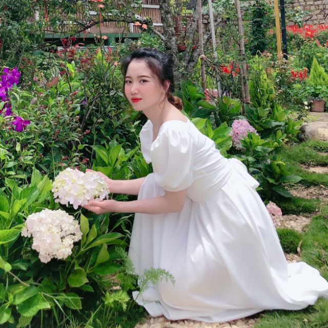 Váy trắng tiểu thư tùng Xoè tay phồng nơ lưng phong cách Vintage Witch