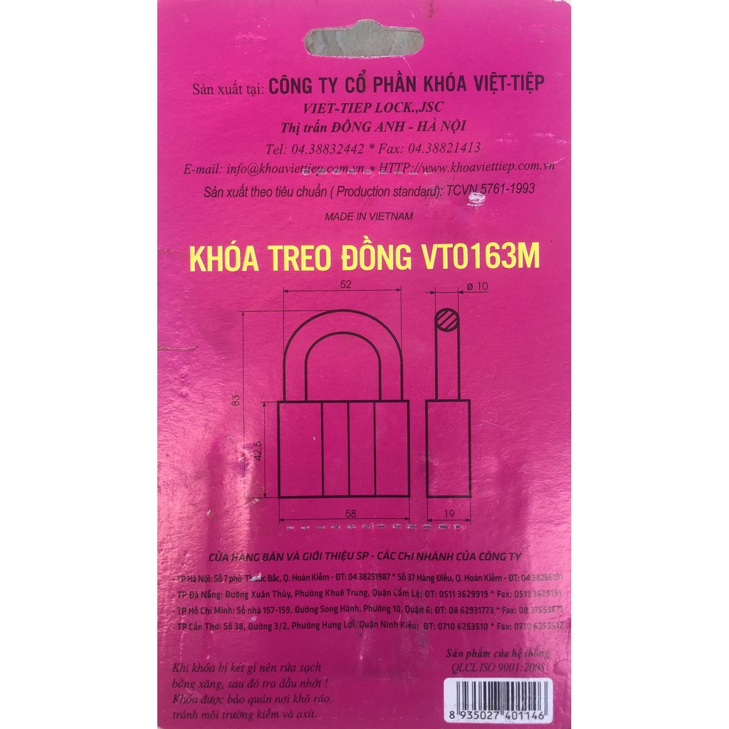 KHÓA VIỆT TIỆP TREO ĐỒNG VT0163M ( CẦU KHÓA BẰNG THÉP )