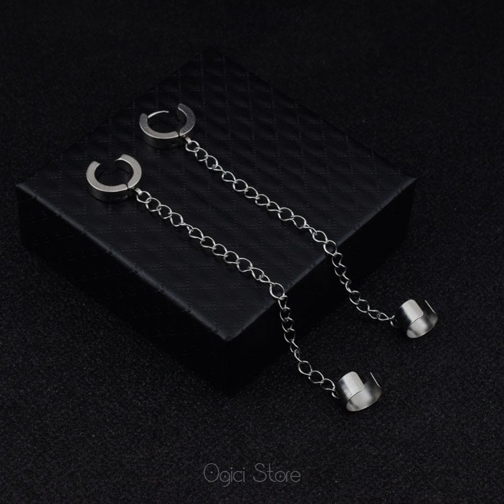 Bông tai, Khuyên tai nam nữ thép không gỉ phối chuỗi dây xích kẹp vành tai phong cách hiphop cá tính, Unisex, 1 chiếc