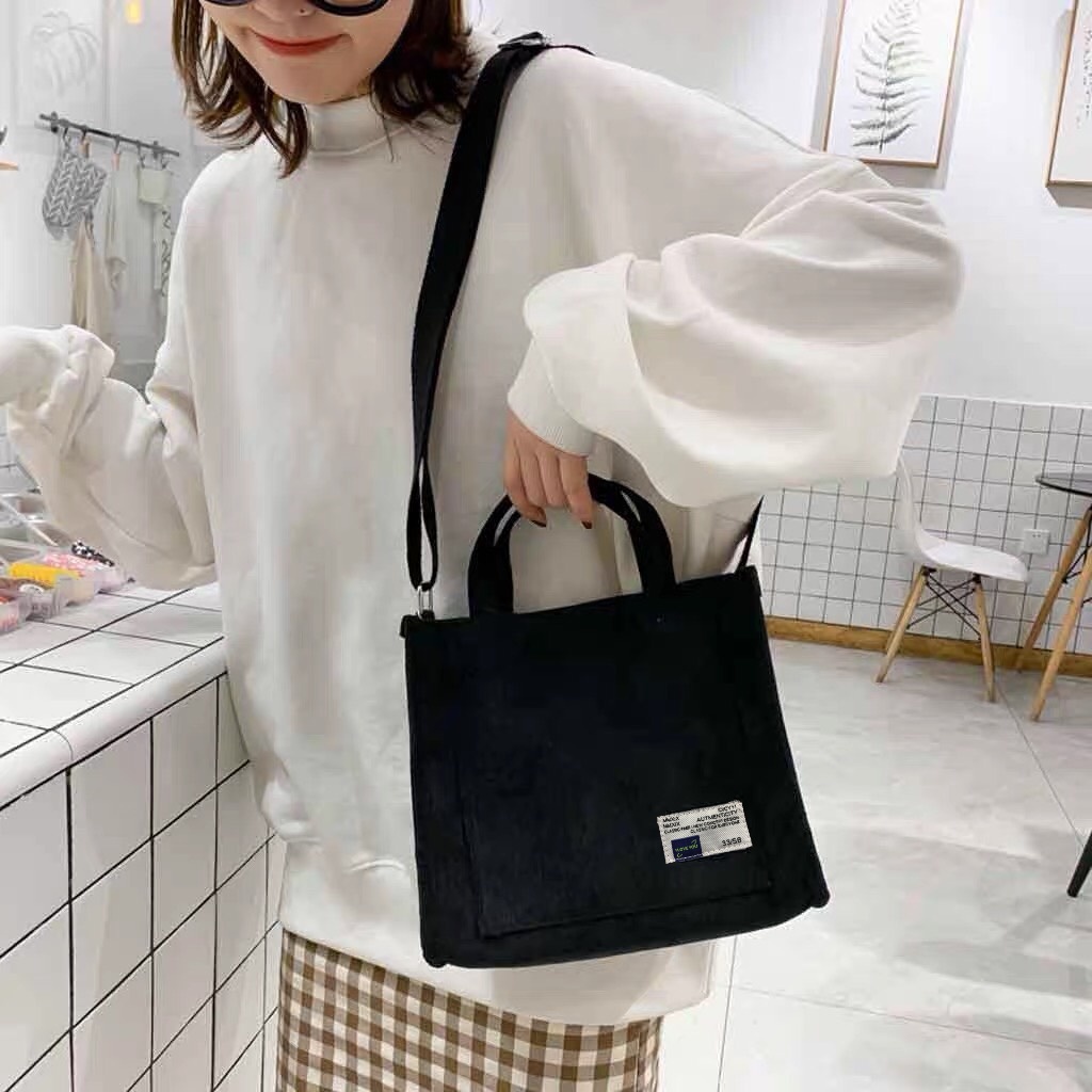 Túi tote vuông đeo chéo mini vải nhung đũa nhiều ngăn thời trang nam nữ unisex