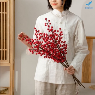  Cành đào đông cherry đỏ giả decor - Hoa giả TODOCO đẹp để phòng khách bàn thờ trang trí decor cắm bình ngày tết cao cấp 