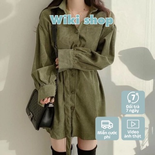 Áo váy sơ mi nữ dài tay nhung kèm đai freesize phom rộng đen đỏ nâu rêu oversize giấu quần hack dáng ulzzang C674