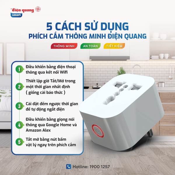 Ổ Cắm Thông Minh 2000W, Ổ Cắm Wifi Điện Quang - Tắt/mở từ xa bằng wifi, giọng nói, hẹn giờ tự động. BH 18 tháng